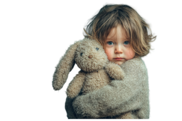 Sad Little Girl Hugging Plush Toy Isolated on White