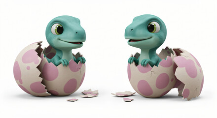Obraz premium Happy Cartoon Baby Dinosaurs Emerging from Pink-Spotted Eggs – 3D Stylized Hatchlings with Big Eyes, Bright Smiles, and Playful Charm