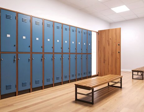 A clean, brightly lit locker room with blue lockers, wooden benches, and a light wood floor