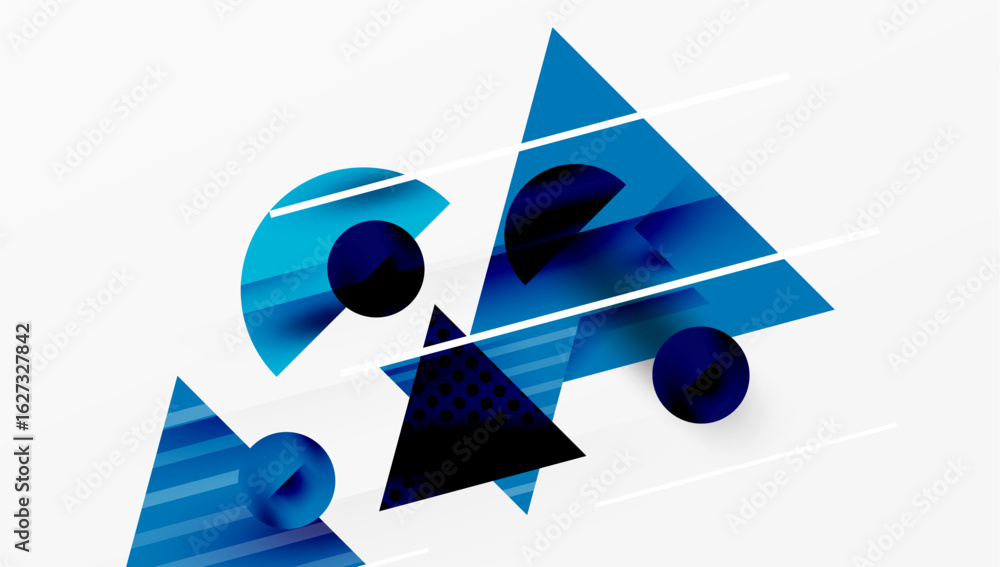 Poster abstract geometric shapes overlap. blue gradients dominate design, creating modern visual impact. wh