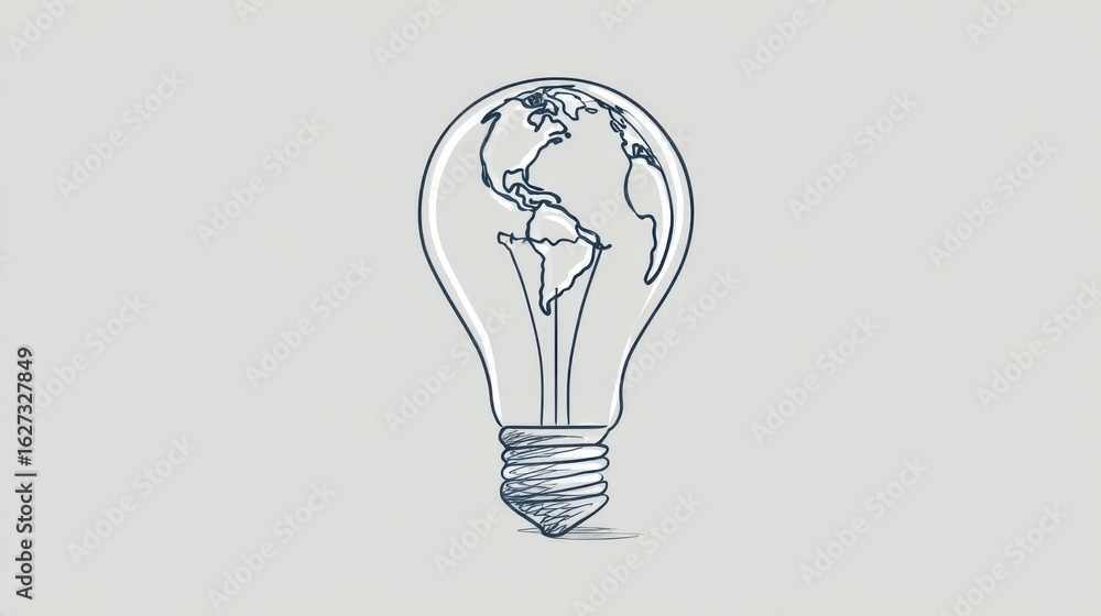 Poster a light bulb with a globe on it that is drawn in a pencil sketch. the globe is made to look like the