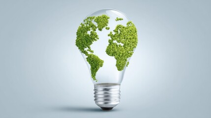 A light bulb with a globe of the earth inside it. The globe is green and has a lot of leaves on it
