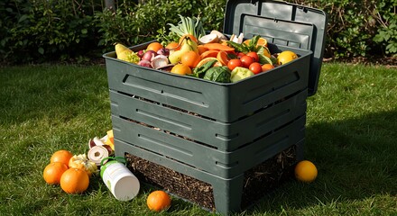 A composting bin overflowing with various fruits, vegetables, and food scraps, outdoors on grass.