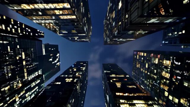 City Towers Skyline: a striking low-angle shot captures towering skyscrapers illuminated against the dusk sky, creating a mesmerizing and modern urban panorama.
