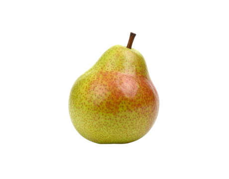 A single ripe pear with speckled green and red skin and a short brown stem.