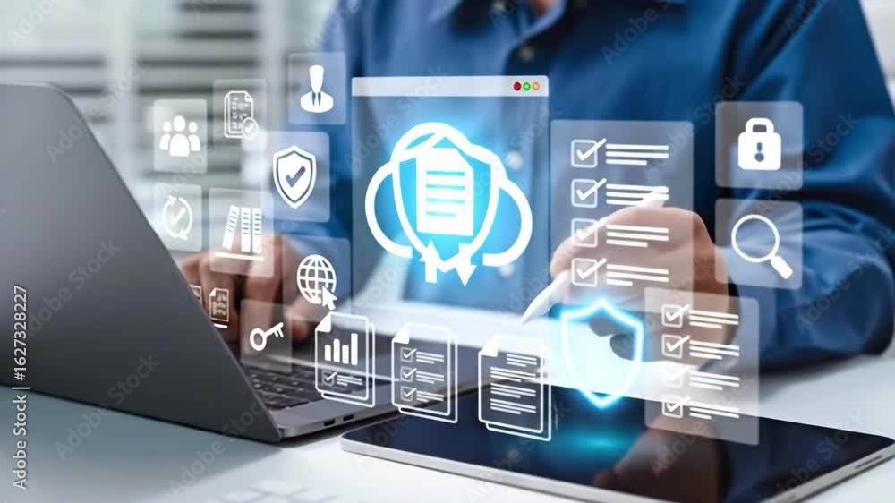 Poster digital cloud computing: a modern professional is seen immersed in the world of digital cloud comput
