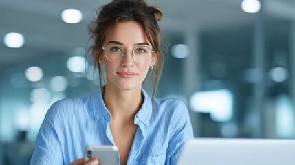 Young woman with smartphone and laptop in modern office setting, focused and engaged at work