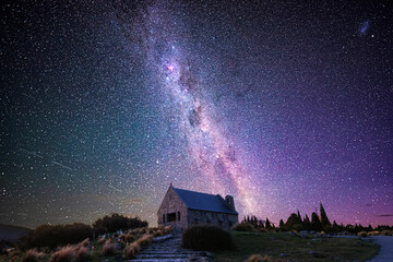 Night sky over Good Shepherd's Church, Lake Tekapo, New Zealand