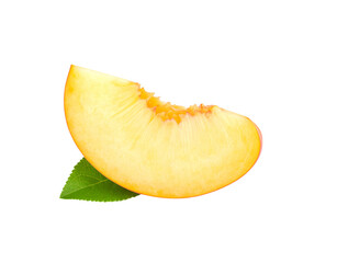 A single slice of a juicy yellow peach with a fresh green leaf showing its pulp and orange skin.