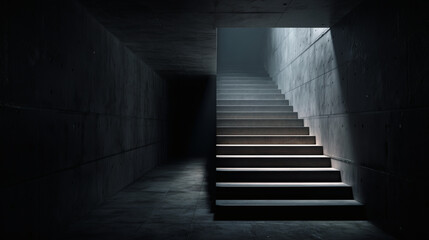 Fototapeta premium A clean, minimalist concrete staircase is shown leading upwards, but it disappears into a pitch-black, dark void at the top of the frame.