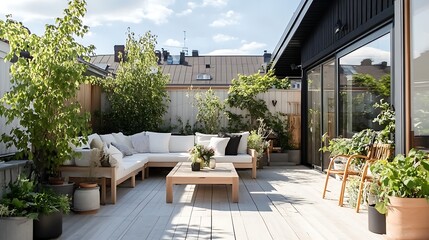 Scandinavian outdoor space with modern furniture, light-colored flooring