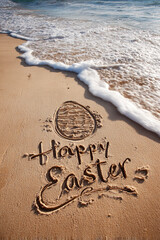 Fototapeta premium Happy Easter Written in Golden Sand with Minimalist Easter Egg Drawing and Wave Foam – Vertical Layout with Copy Space