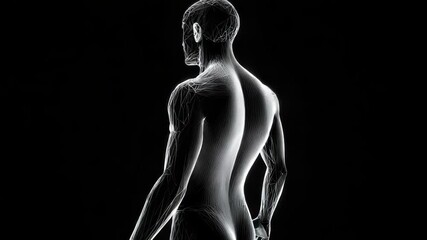 A futuristic wireframe human body glows with intricate digital connections against a stark black background - Powered by Adobe