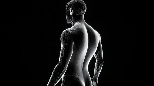 A futuristic wireframe human body glows with intricate digital connections against a stark black background