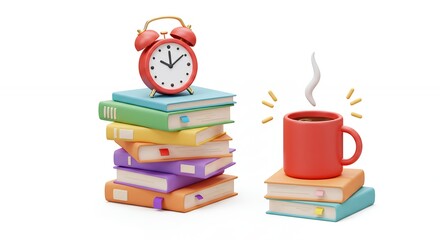 Alarm clock and coffee on books stack representing time for studying or work