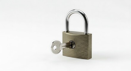Padlock with key inserted isolated on white background