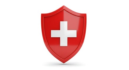 Fototapeta premium Red shield with white cross isolated on white background