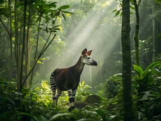 Okapi in Lush Tropical Forest Sunlight
