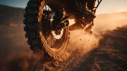 Off-road motorcycle tire spinning through desert sand at sunset, dynamic close-up of dirt bike in motion, adventure and freedom concept with dust and golden light
