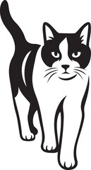 Tuxedo cat walking forward black and white, Feline animal stylish vector art