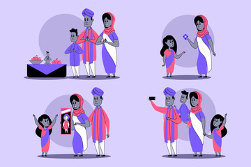 Fototapeta premium Family gathering to celebrate event while wearing colorful traditional clothing. They engaged in activities like taking pictures and enjoying festive treats together