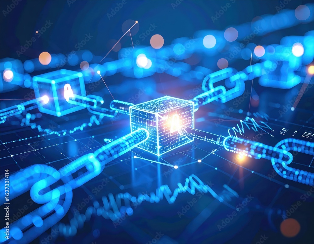 Poster abstract digital illustration of glowing blue interconnected chains and cube, representing blockchai