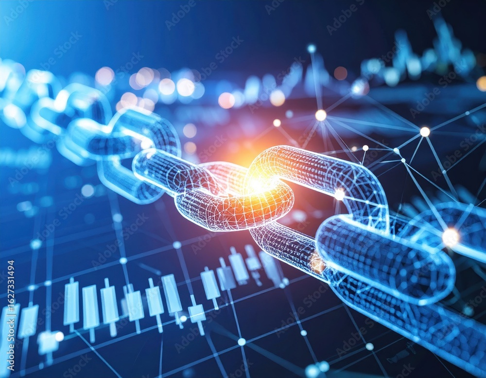 Poster abstract digital chain link glowing brightly against a dark background of graphs and charts.