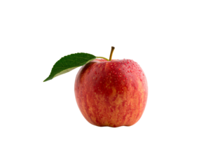 Crisp red apple with yellow speckles a vibrant green leaf and glistening water drops.