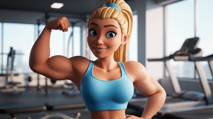 strong animated woman flexing biceps in gym - Powered by Adobe
