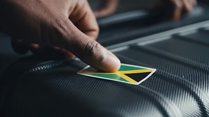A traveler's hand carefully places a vibrant Jamaican flag sticker on a dark suitcase, symbolizing national pride and preparation for a journey abroad. - Powered by Adobe