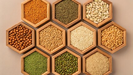 Variety of grains and legumes arranged in hexagonal wooden trays