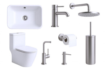 Modern Bathroom Fixtures Collection: Toilet, Sink, Faucets, Showerhead, Toilet Paper Holder, and Brush Set