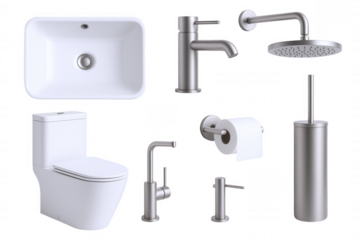 Modern Bathroom Fixtures Collection: Toilet, Sink, Faucets, Showerhead, Toilet Paper Holder, and Brush Set