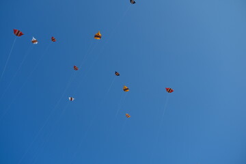Colorful Kites Flying in Bright Blue Sky