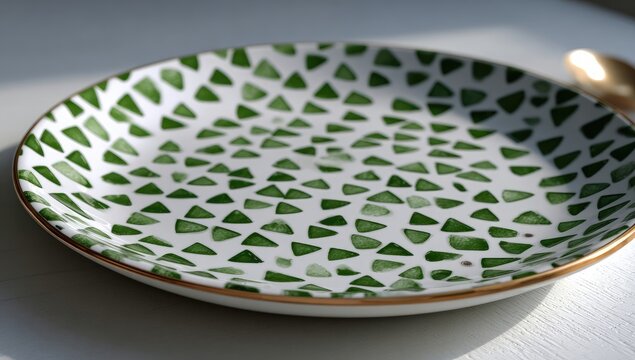 Round white plate with small green triangles - Powered by Adobe