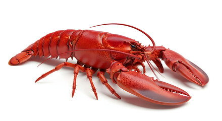 A vibrant red lobster, cooked and displayed against a stark white background.