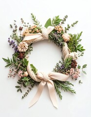Beautiful floral wreath made of greenery and flowers, perfect for seasonal decor and celebrations.
