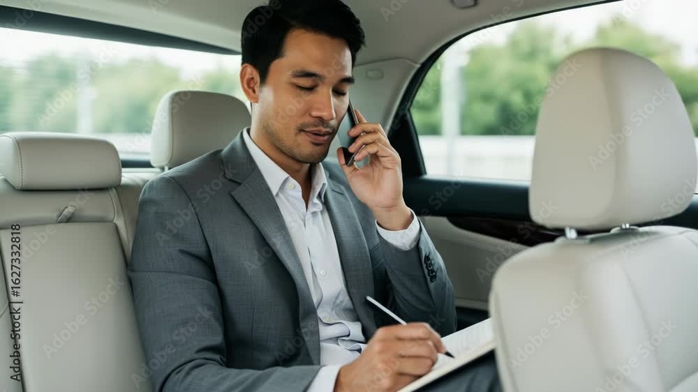 Poster smiling asian businessman in a suit talking on his phone and writing in a notebook while riding in t