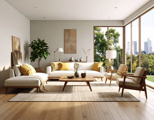 Fototapeta premium Create a cozy firefly calming living room japandi furniture and minimalist decoration for your home interior