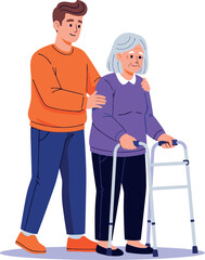 Caring young man assisting elderly woman with walker showing support and compassion