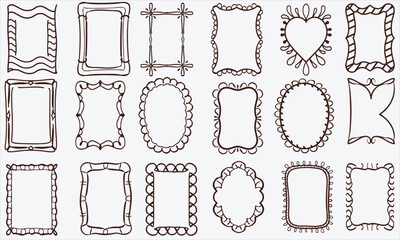 Collection of hand drawn decorative frames in various shapes and styles, including rectangular, oval, and heart designs, with intricate patterns and whimsical details