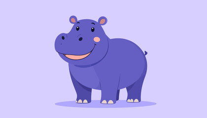 Fototapeta premium Cheerful purple cartoon hippopotamus standing with a wide, friendly smile and rosy cheeks.
