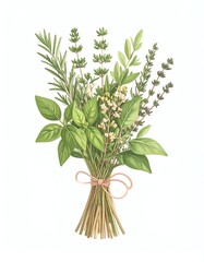 A vibrant illustration of a mixed herb bouquet showcasing various aromatic herbs tied with a ribbon.