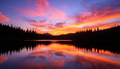 Obraz premium Spectacular sunset over a serene lake, reflecting vivid orange and pink clouds and silhouettes of trees, creating a tranquil and picturesque landscape.