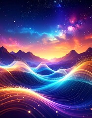 A stunning digital landscape with vibrant colors and waves of light against a mountain backdrop during sunset.
