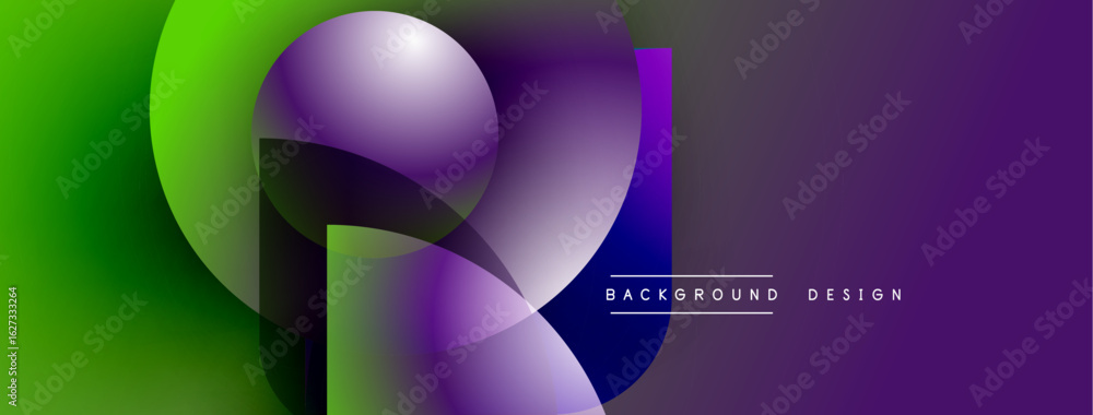 Poster abstract gradient shapes blend, creating dynamic visual effect. purple, green hues dominate composit