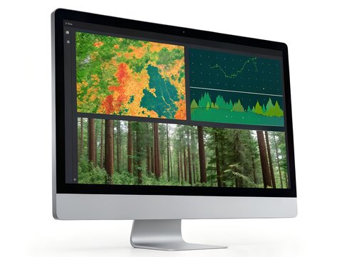 Data Visualization on a Computer Screen Showing Forest Imagery and Night Sky