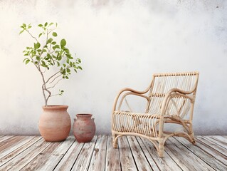Fototapeta premium Simple Indoor Aesthetic Rattan Chair and Vase Display