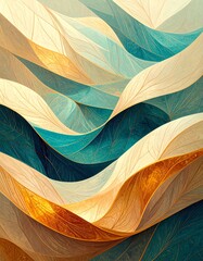 An abstract composition featuring flowing layers of textured leaves in warm and cool tones.