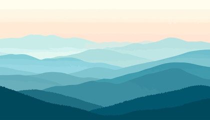 Obraz premium Serene layered mountain range with forested ridges, depicted in shades of blue and teal.